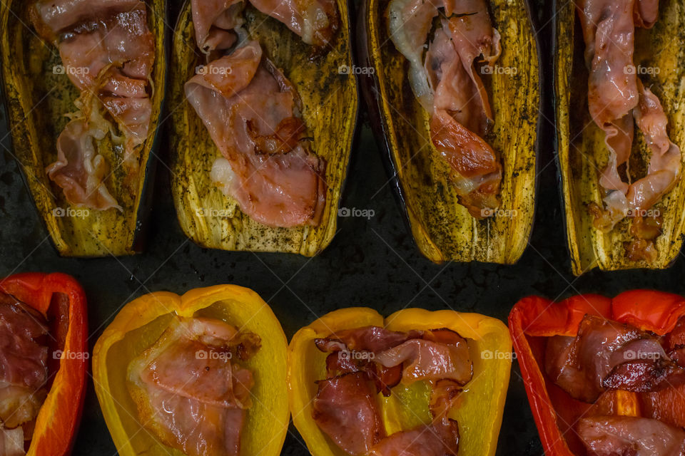 grilled pepper and eggplant with delicious ham, fresh pepper and garlic