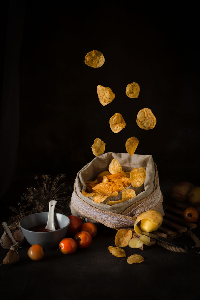 flying chips and tomato ketchup