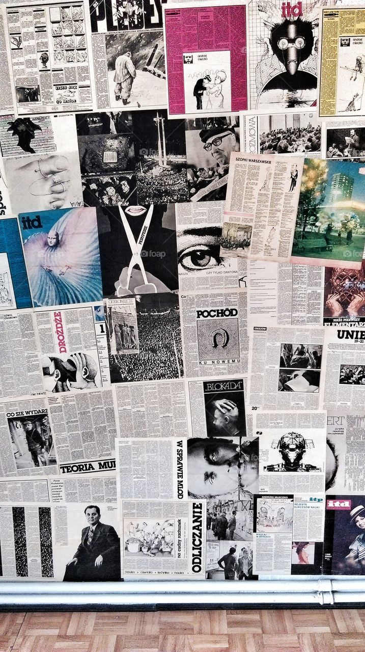 Wallpaper made from newspapers. Newspapers on the wall