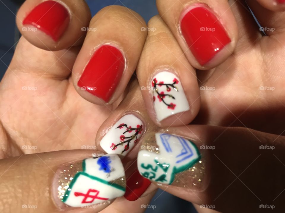 Chinese New Year Themed Nails with favourite game - Mahjong - playing tiles as the design along with blossoming flowers