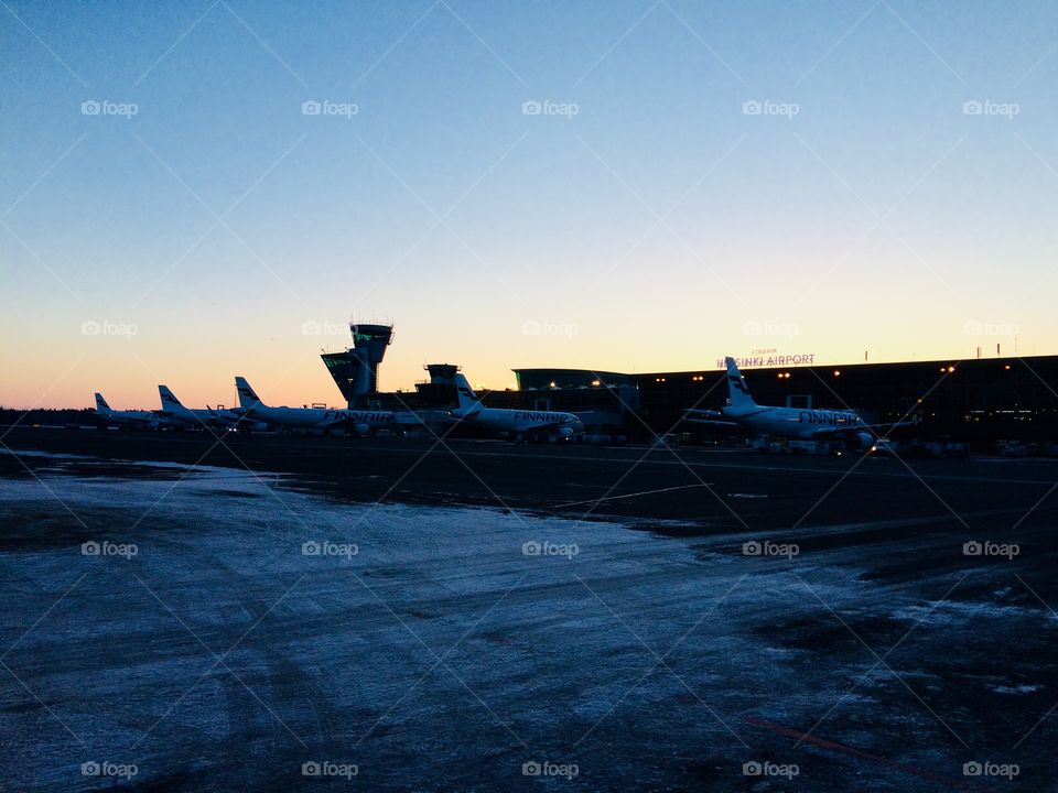 Finnair airplanes in Helsinki - Vantaa on a cold morning 