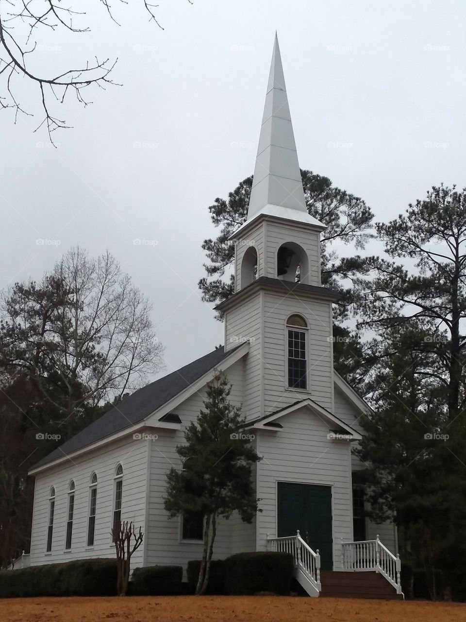 Alabama Church, overcast foggy day.