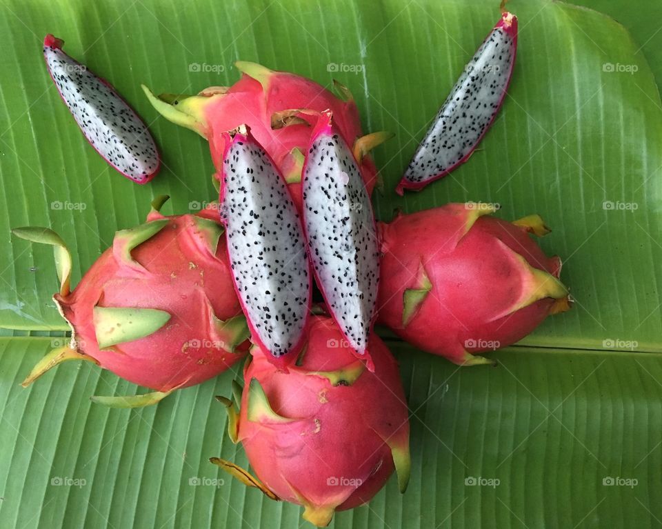 Dragon fruit on banana leaf