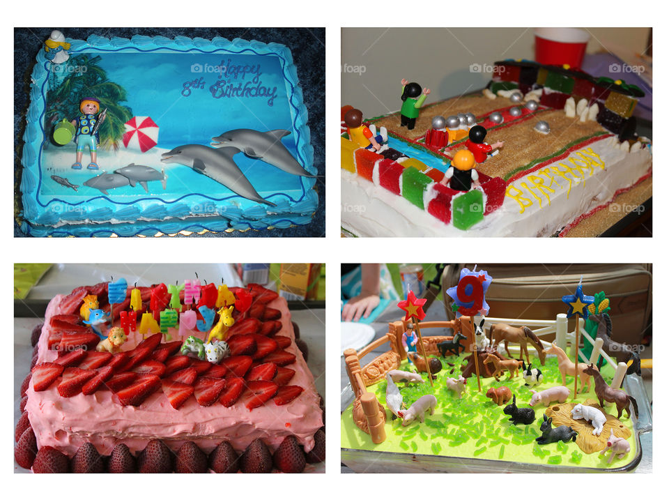 Sugar! Cakes clockwise from top left:pool party with ice cream and fudge; bowling party with chocolate & vanilla; petting zoo play with ice cream & lemon; inflatable maze fun with strawberries, jello, whip cream & ice cream sandwiches...& toys too! ๐