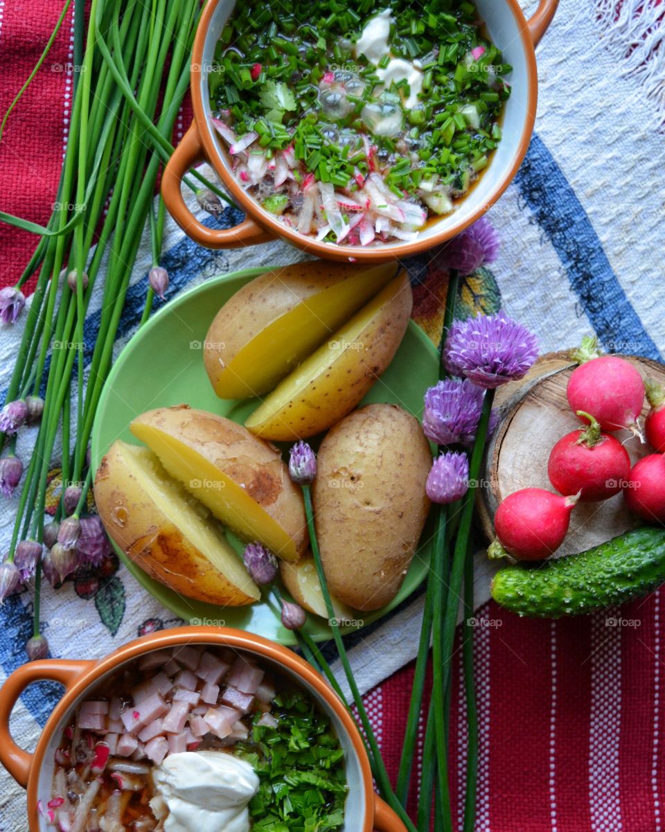 Salad in plate and bowl