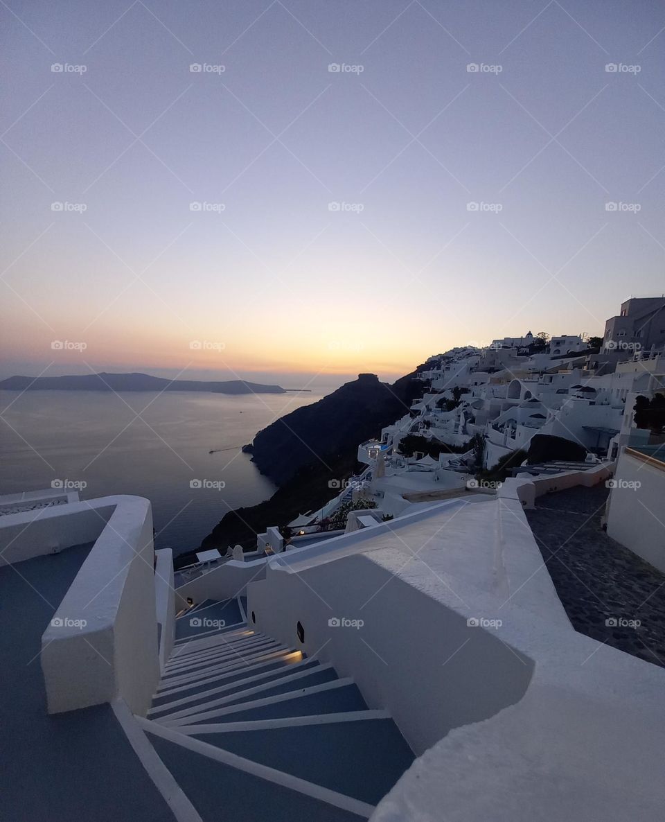 View of caldera in Santorini, Greece, right after the sun comes down.