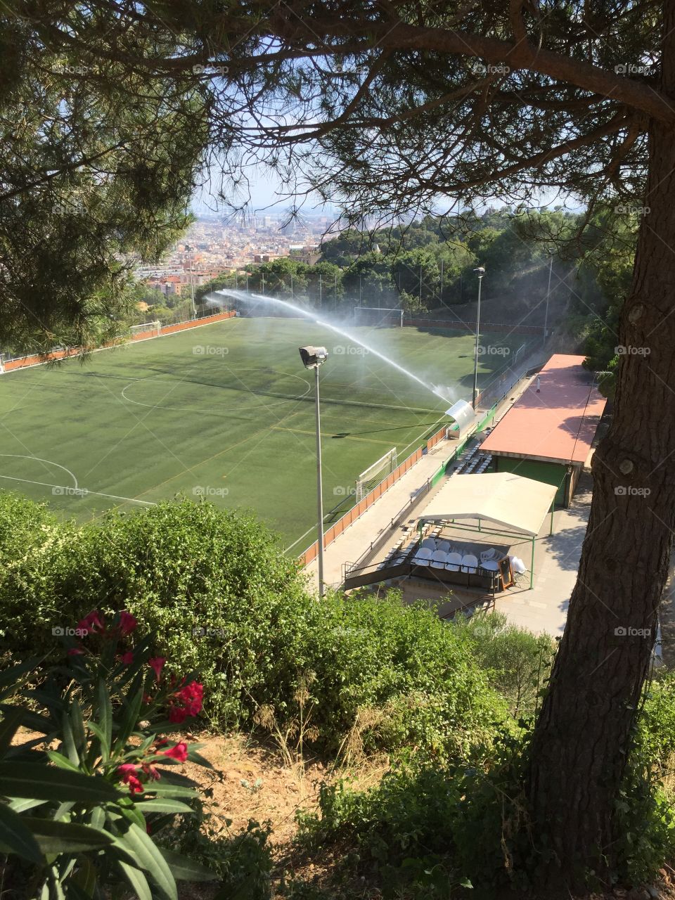 capturing a photo of watering football ground under park guell of Barcelona.