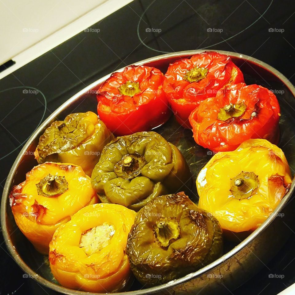 Food! Whoever doesn't like peppers?! These are some awesome, delicious stuffed peppers with bulgur and veggies. Yum!