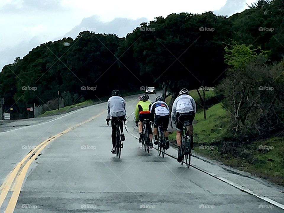 Bicyclist group on winding road