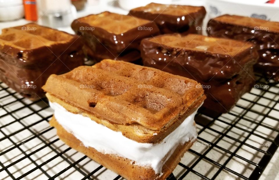 Marshmallow s'mores waffles in progress