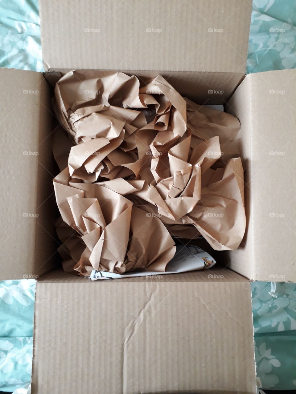 opened box with crunched up brown paper inside