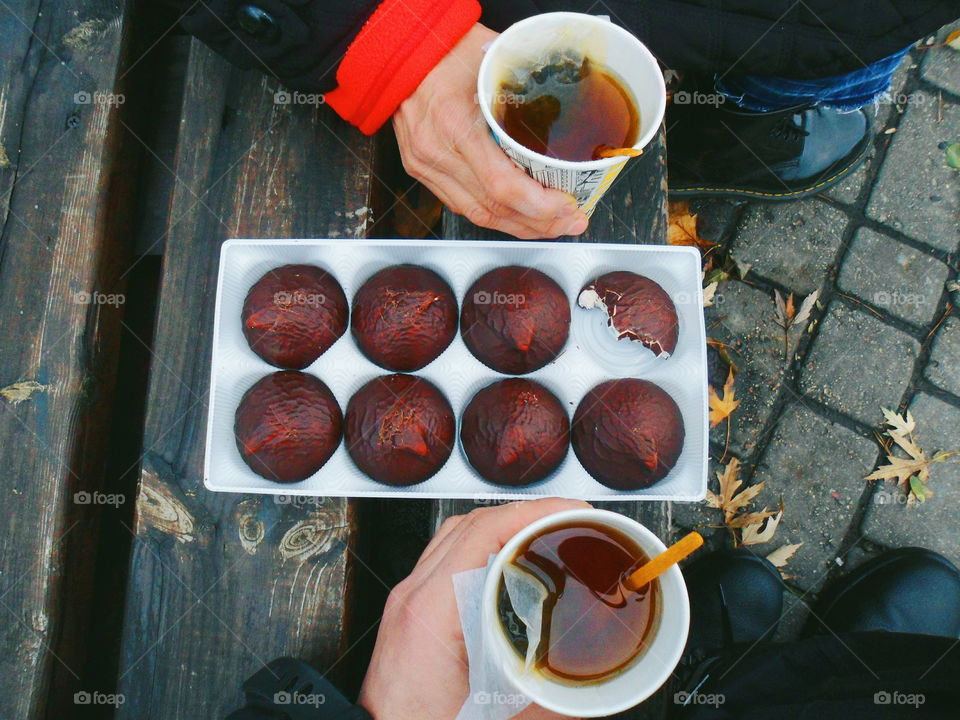 autumn tea with dessert on nature in the park