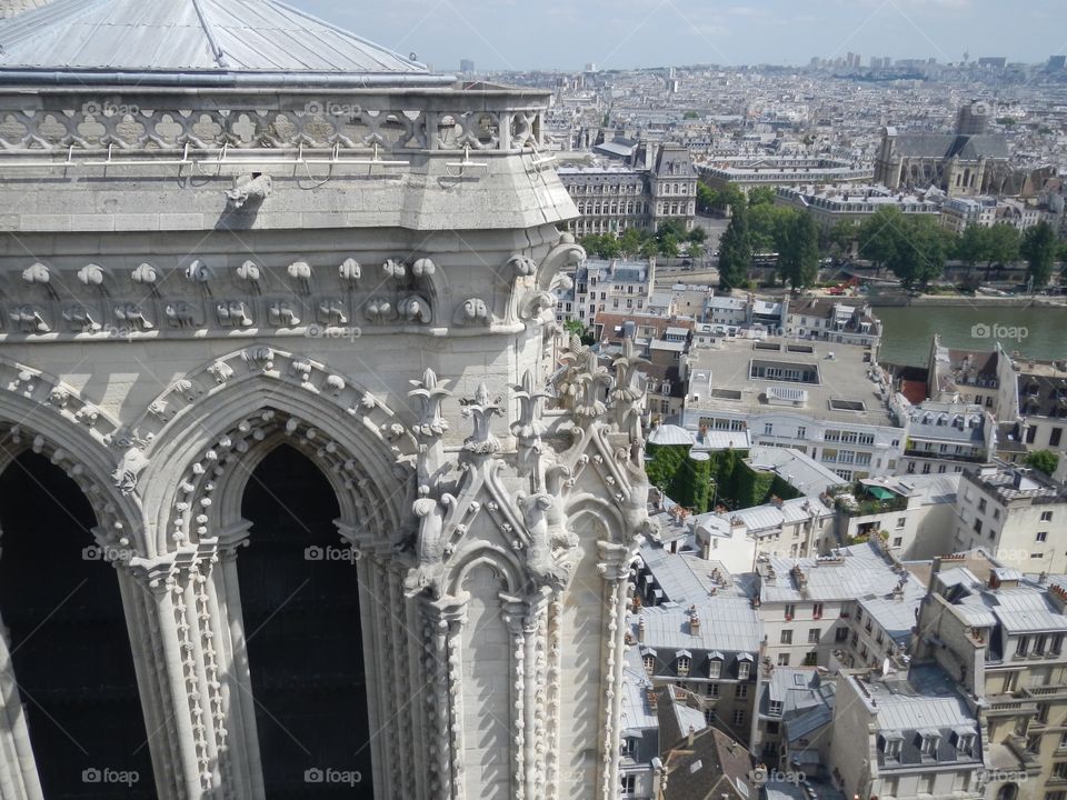 A view near The top The Classic Gothic Style, Notre Dame Cathedral in Paris. May 2012. Copyright © CM Photography. @chelseamerklephotos on Foap.