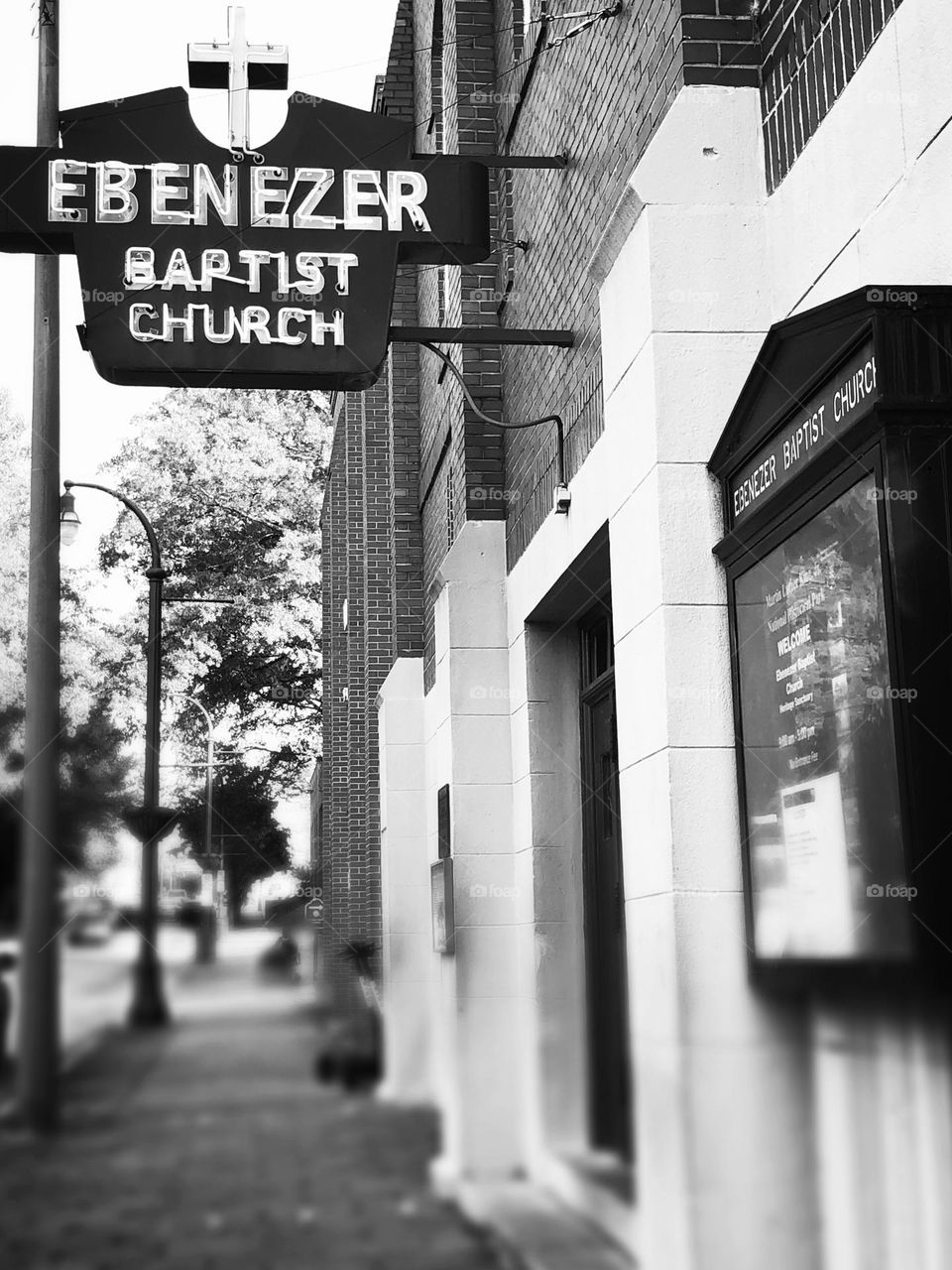 Black and white photo of historically significant Ebenezer Baptist Church, Atlanta, Georgia 