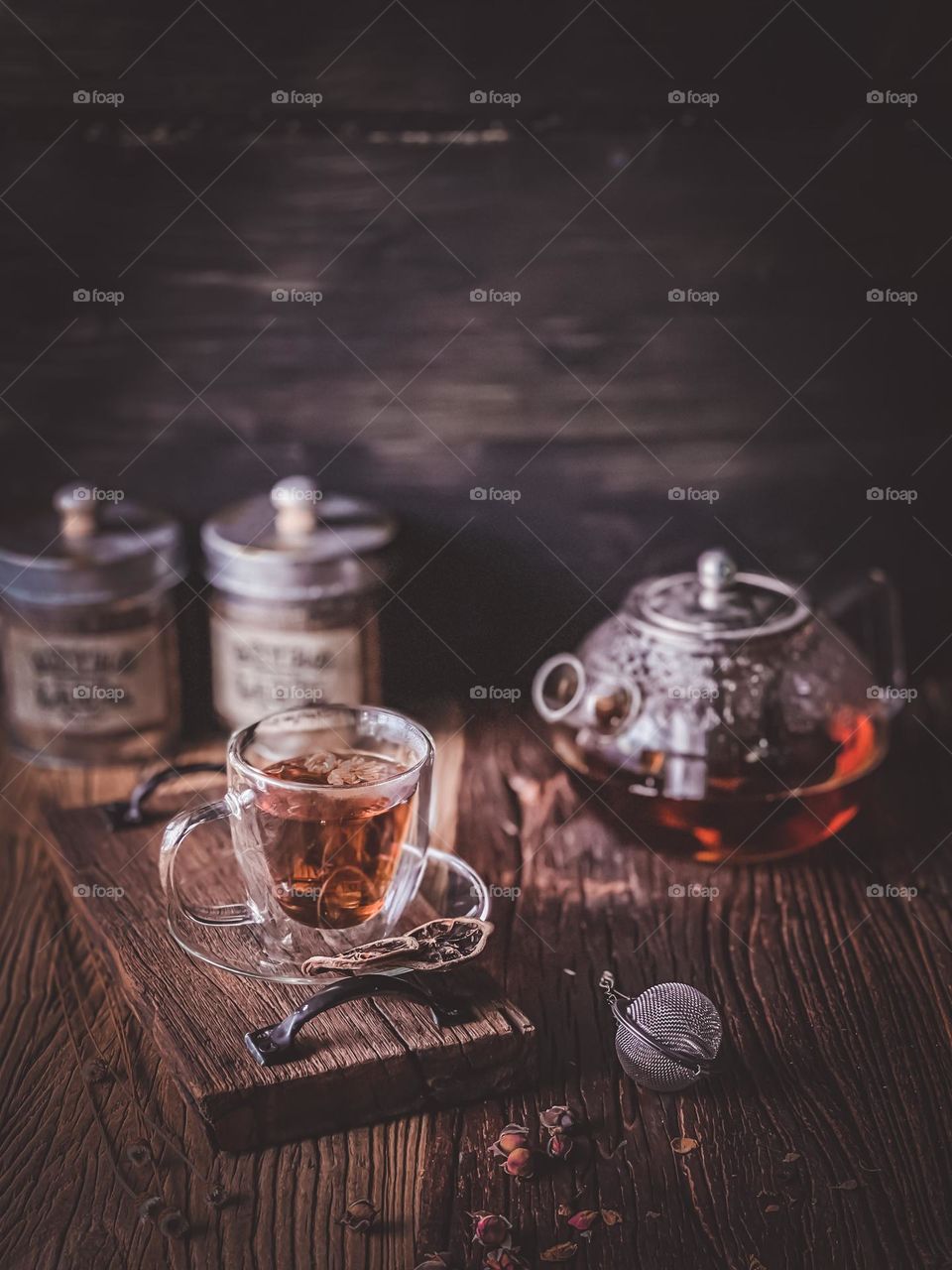 A cup of hot floral tea with aromatic scent at tea time