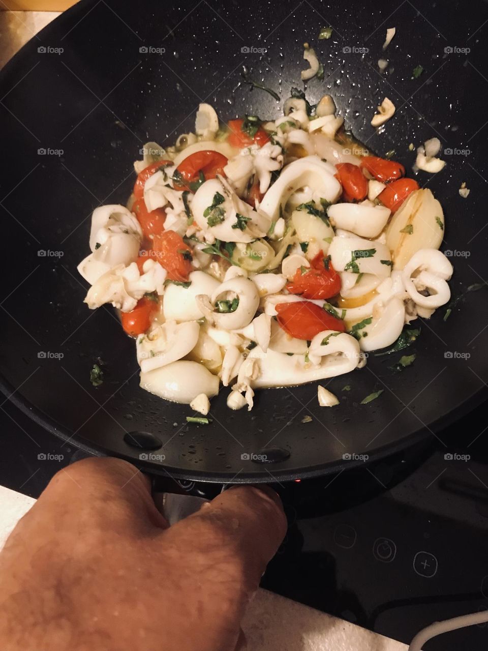 preparing squid in the kitchen, seafood