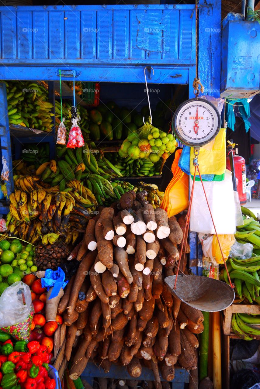 Food and fruits in a peruvian market