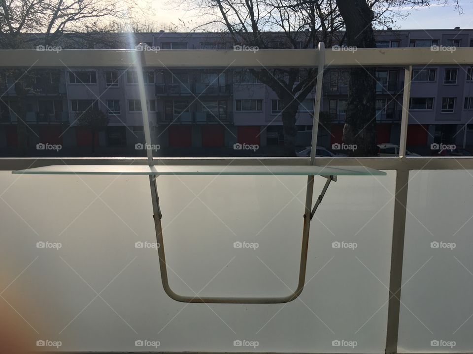 metal balcony with wall shelf