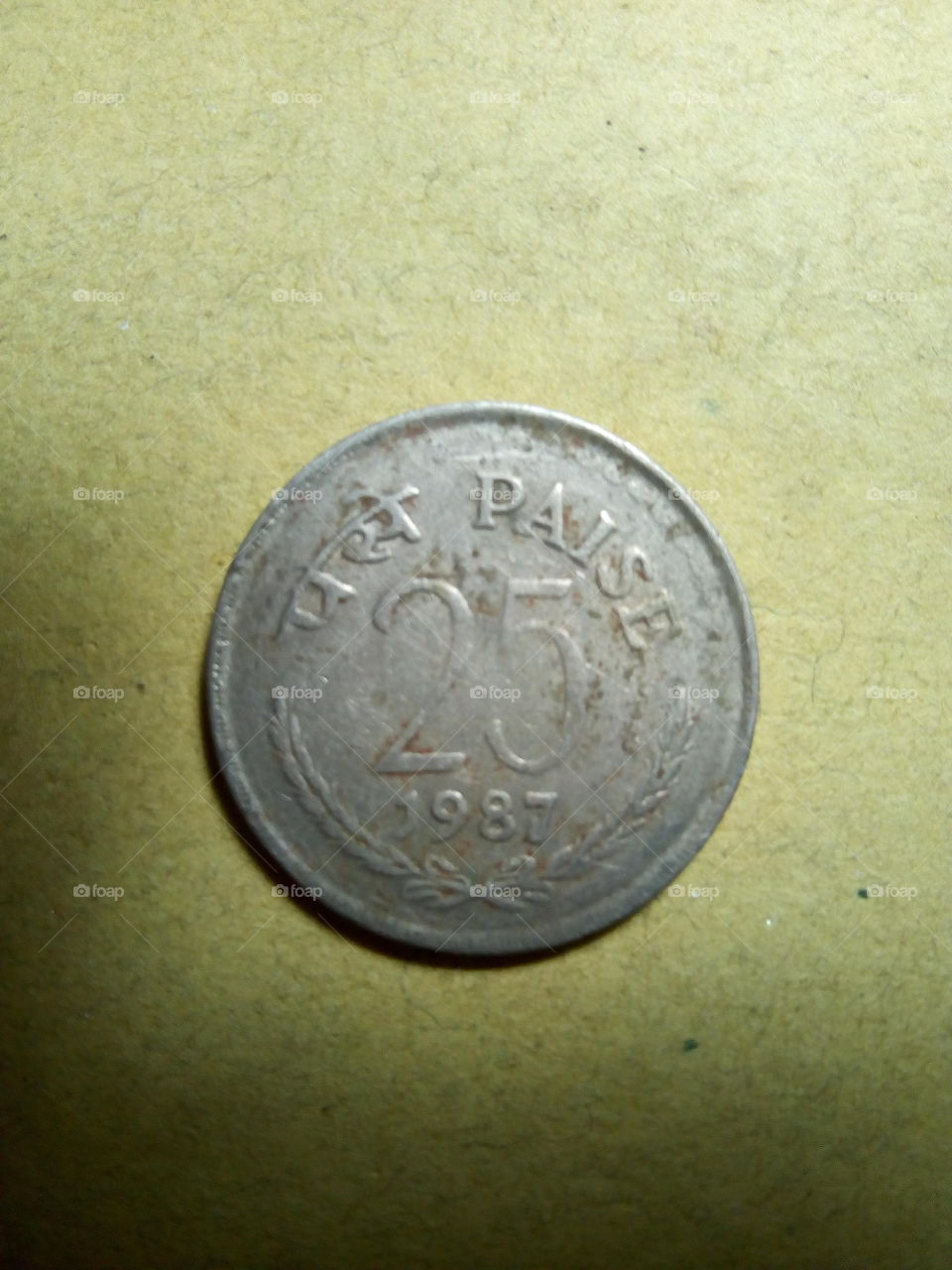 A coin of twenty five paise- 1/4 share of Indian Rupee issued by Government of India in 1987.