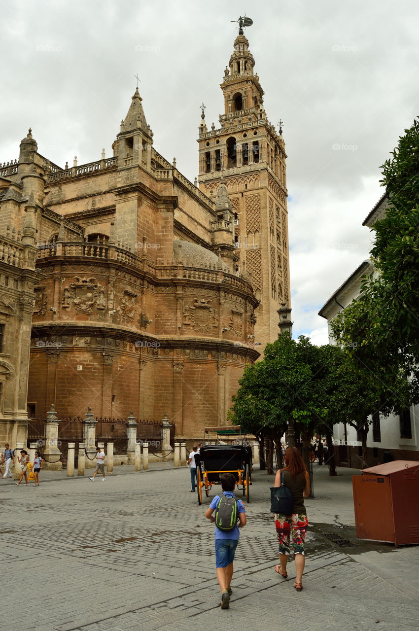 Side view of Sevilla cathedral and La Giralda, Sevilla, Spain.