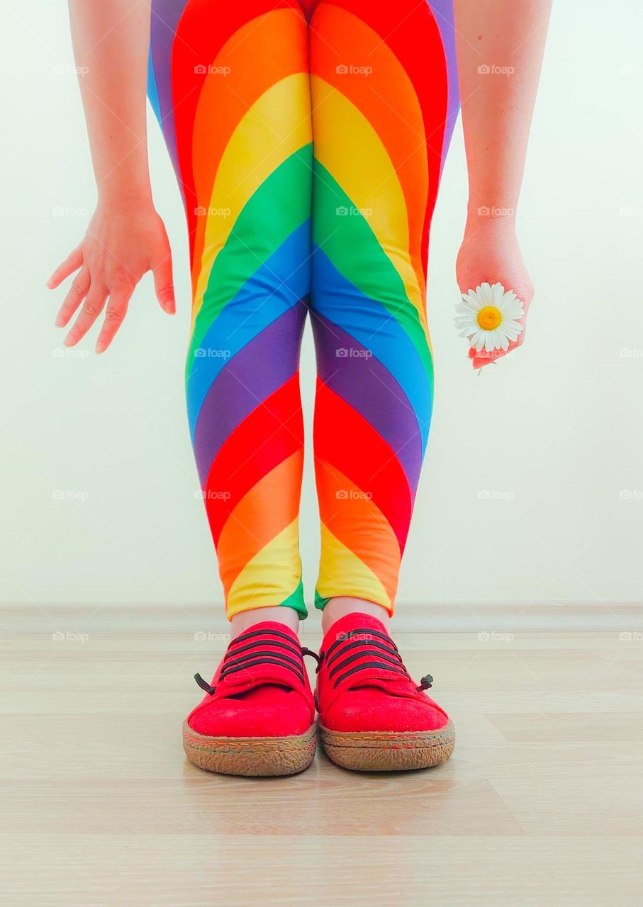 Rainbow outfit and red shoes