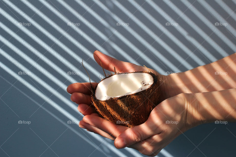 Coconut, fruit, food, hands, still life, abstraction, coconut in hands, cut coconut in hands, whole coconut, broken coconut