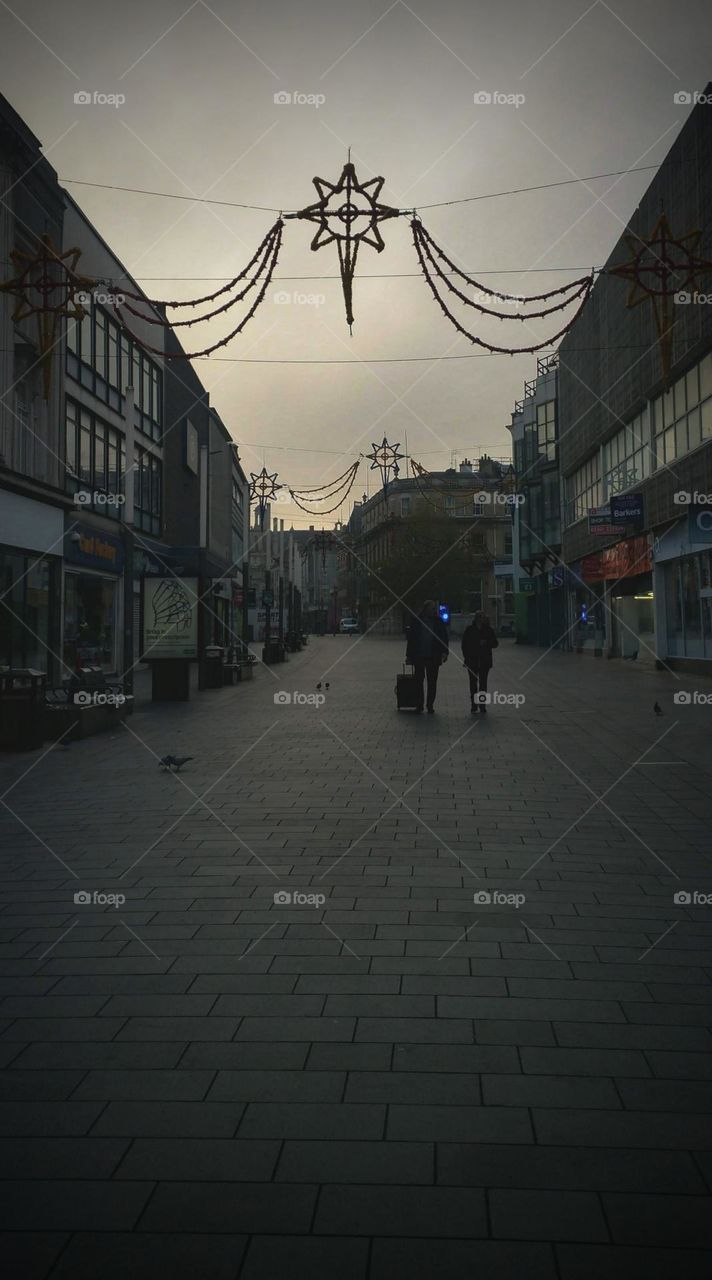 twilight street in Britain during Christmas