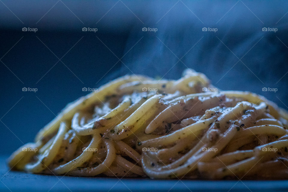 Close-up of steaming spaghetti