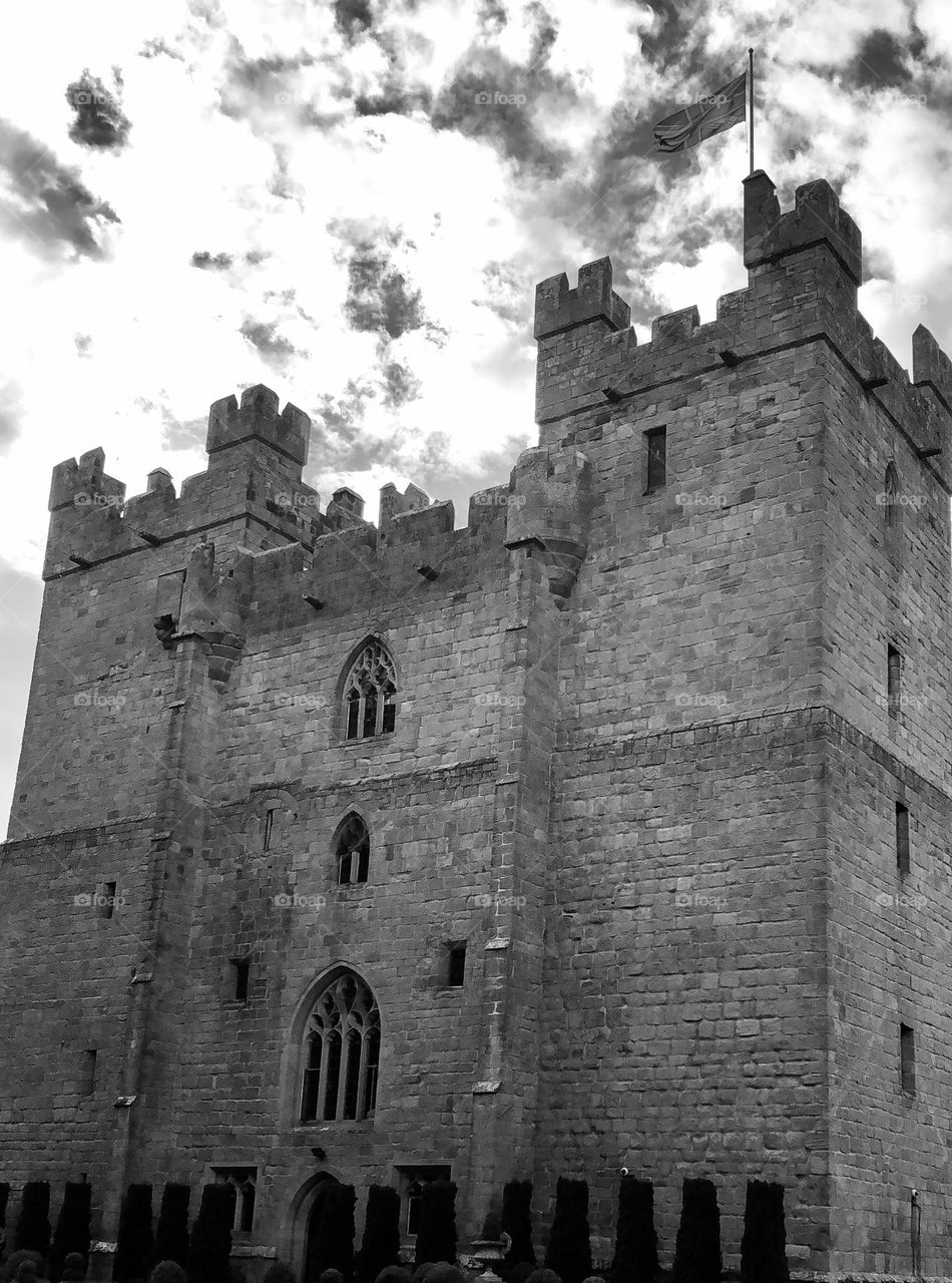 Historical Hexham castle in black and white 