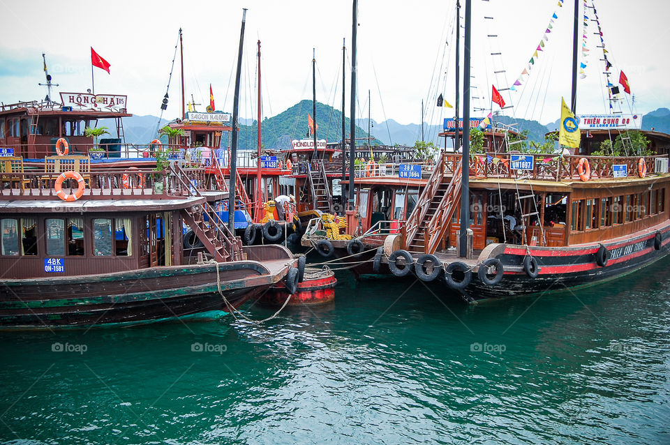 Moored tourist boats of Ha Long Bay