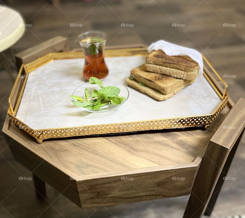 Tea with mint and cheese sandwich 🍵