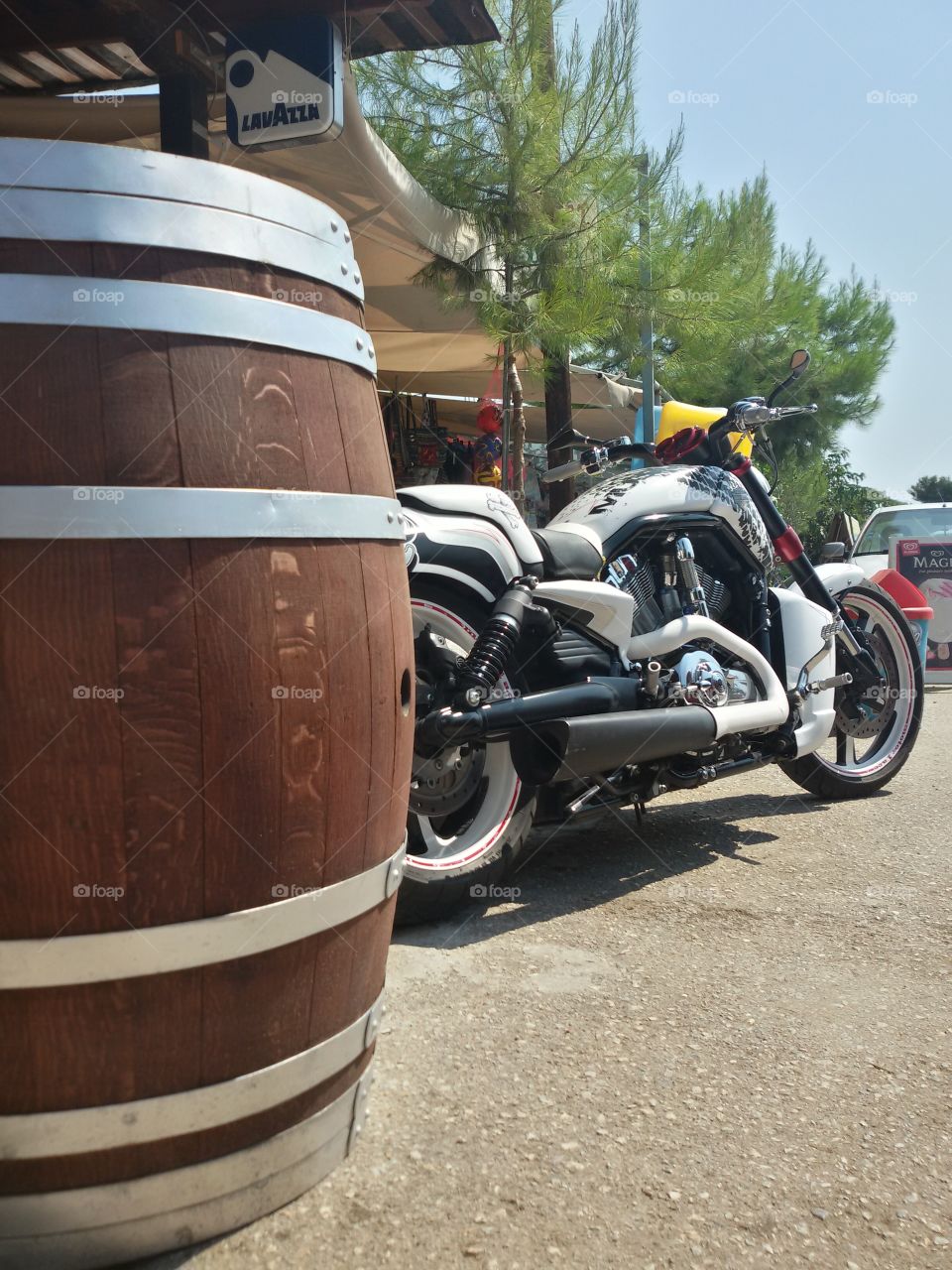 Harley Davidson motorbike. Psakoudia, Road House beach bar, Greece