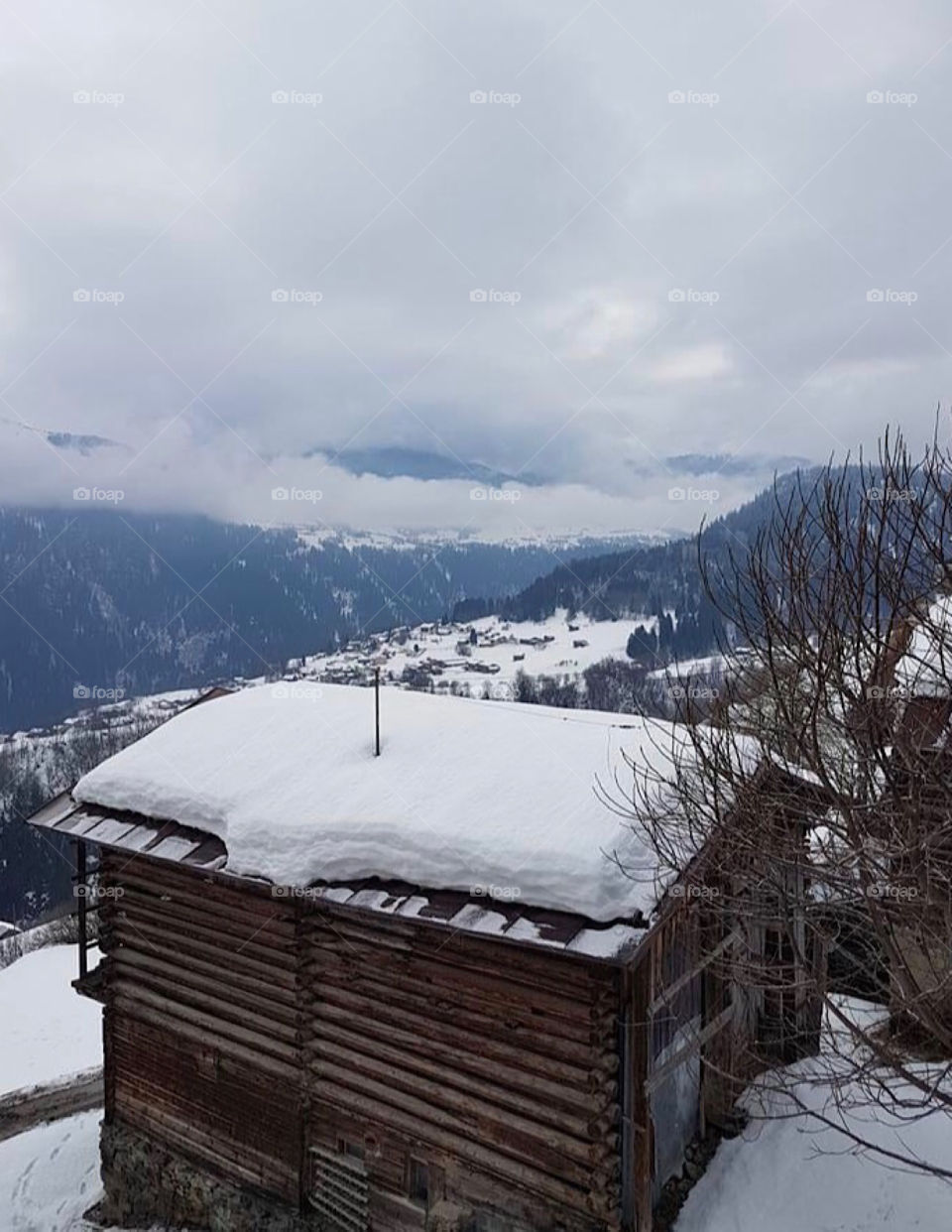 Wooden Hut in the mountains, Winter and Snow 