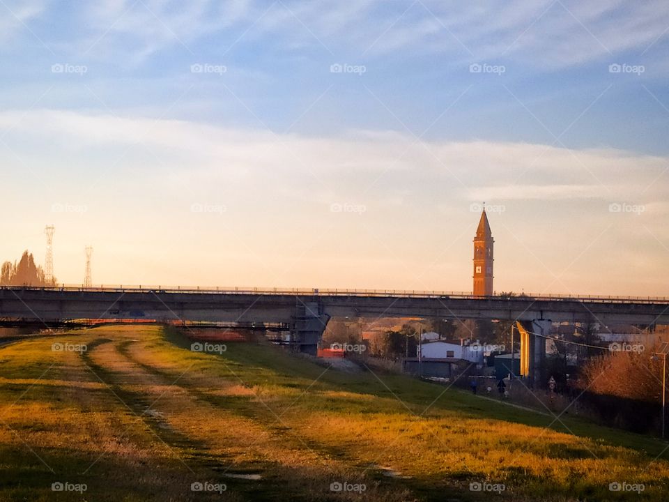 Occhiobello city view at sunset.  Italy