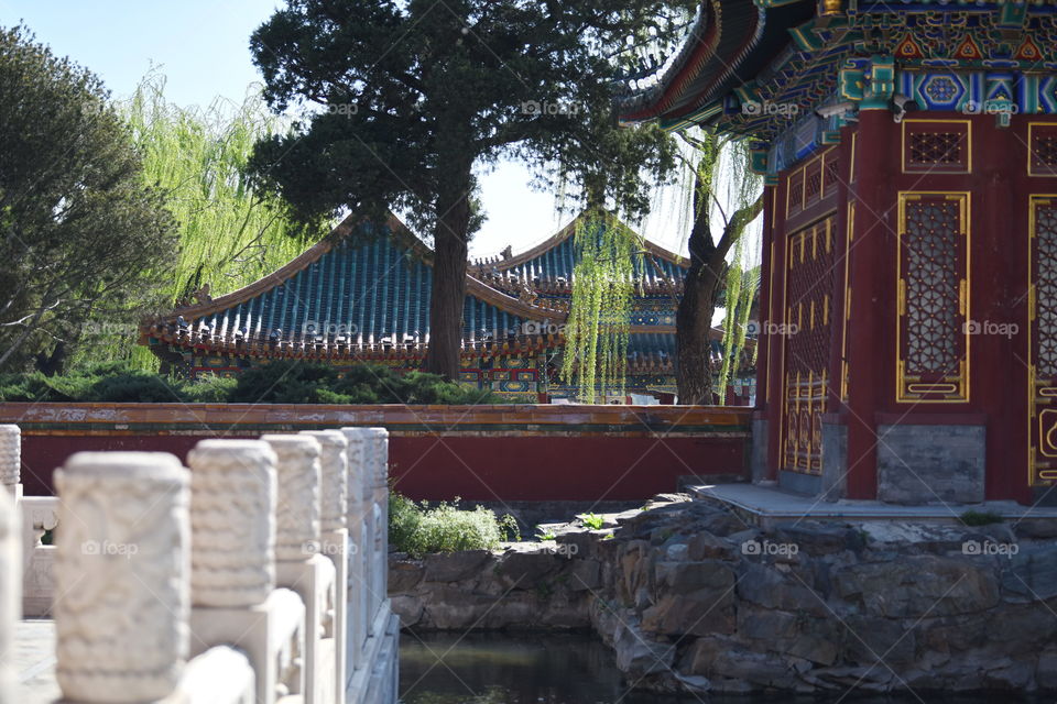 Asia China Beijing Houhai chinese temple in spring blue sky temple park chinese culture by a lake temple garden