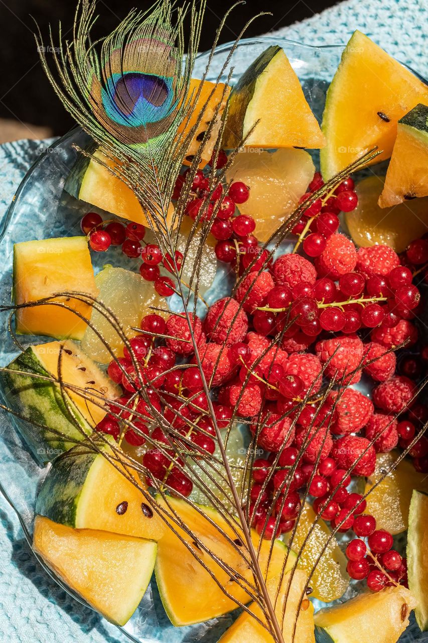 fruit mix, summer fruit: watermelon, raspberries, red currants