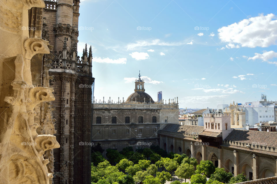 View of Huerto de los Naranjos and Sevilla cathedral from La Giralda, Sevilla, Spain.