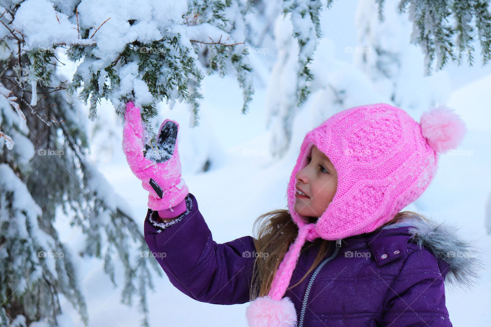 Child admiring frozen pine branches