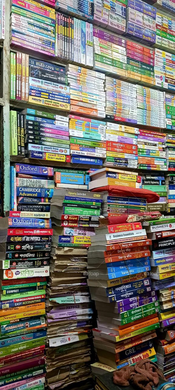 Secondhand bookstall at Nilkhet Book Market. Dhaka, Bangladesh.