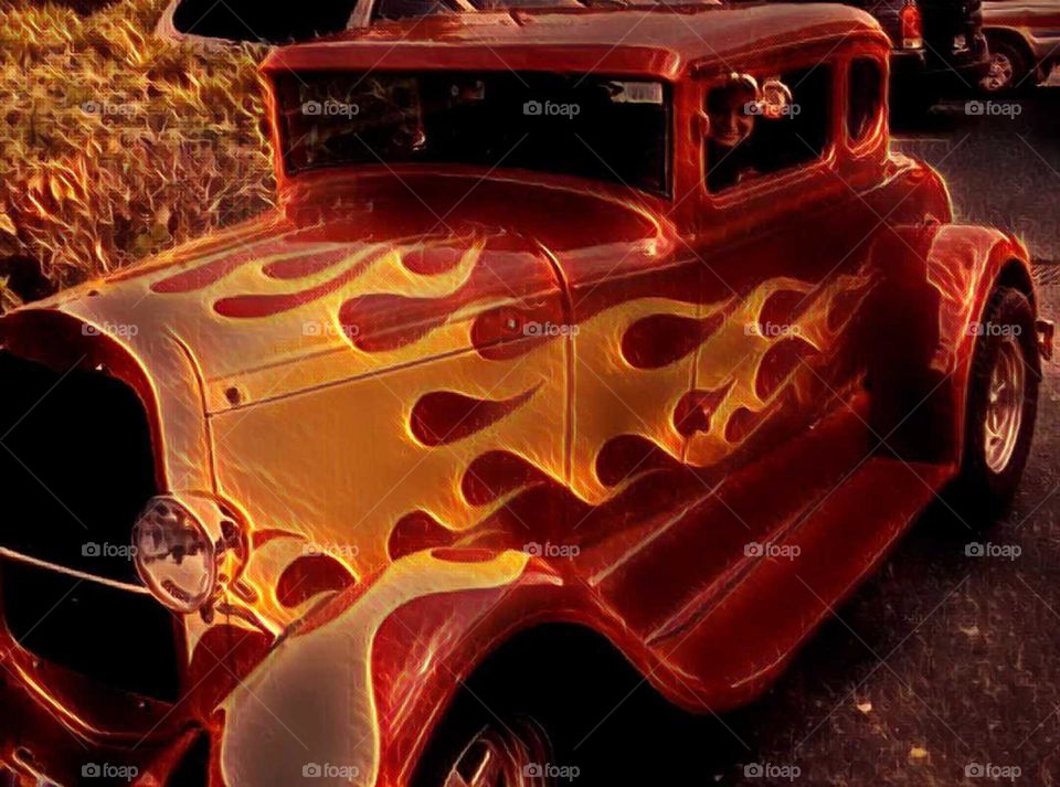 hotrod red with yellow flames .ready to cruise