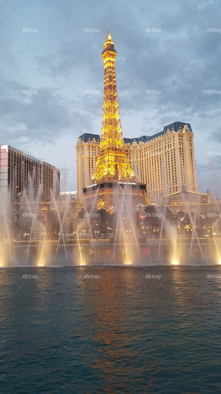 Bellagio Fountains with Paris Eiffel Tower Las Vegas