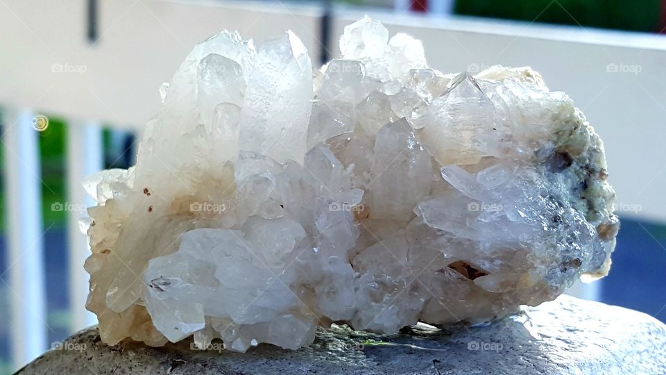 Close shot of a clear quartz cluster.