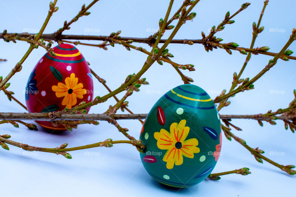two wooden Easter eggs within blooming branches with white bright background