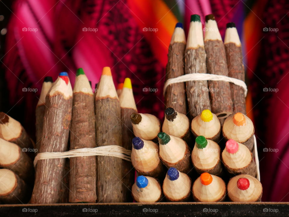 Colorful wooden pencils on a local market in Peru