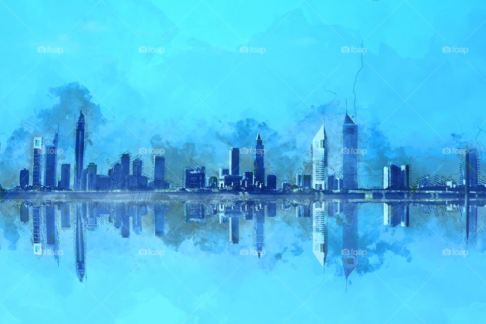 Dubai skyline, united Arab Emirates digital water color painting