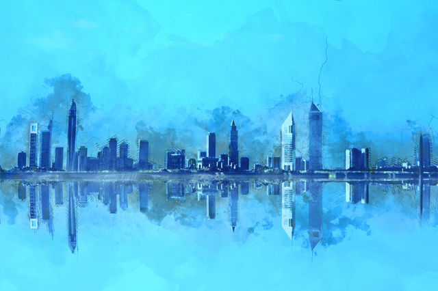 Dubai skyline, united Arab Emirates digital water color painting