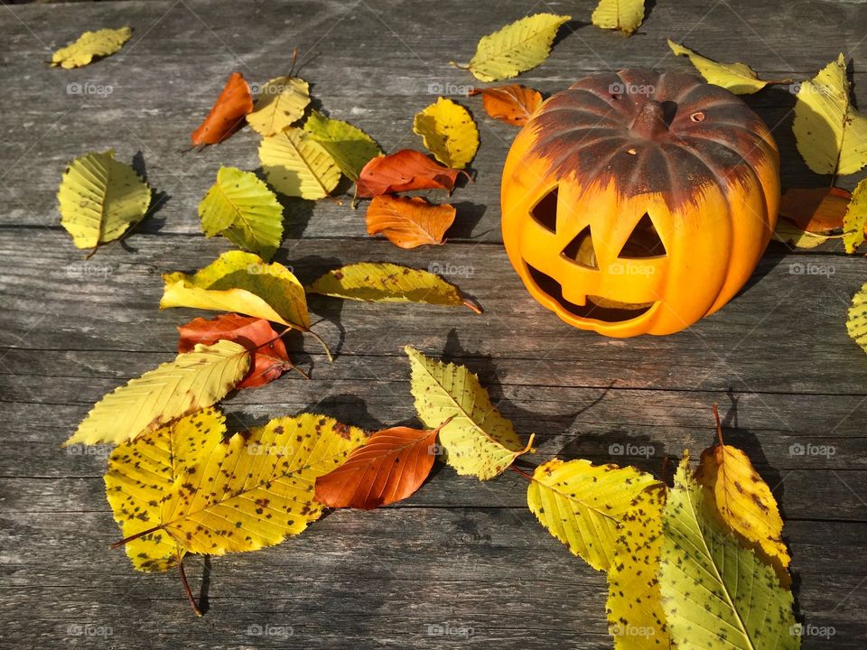 Scary pumpkin placed on rustic wooden table surrounded by yellow autumn leaves