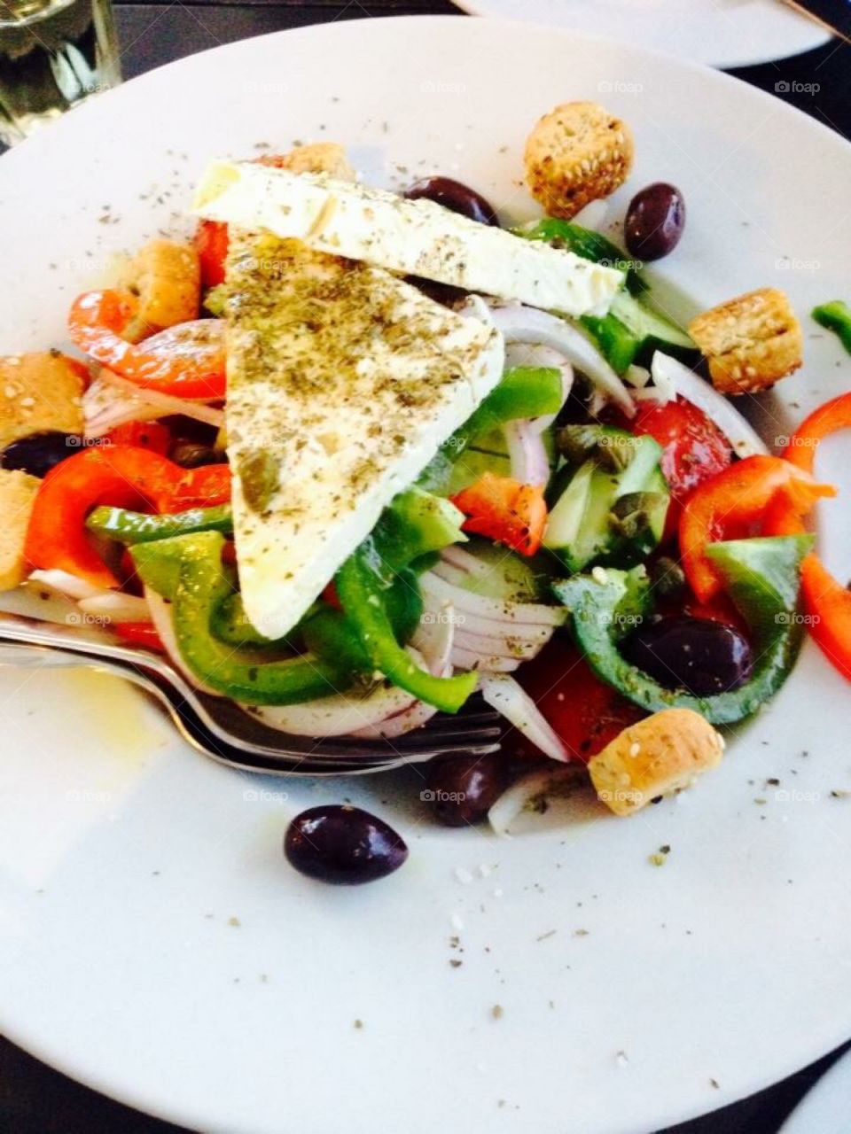 High angle view of greek salad