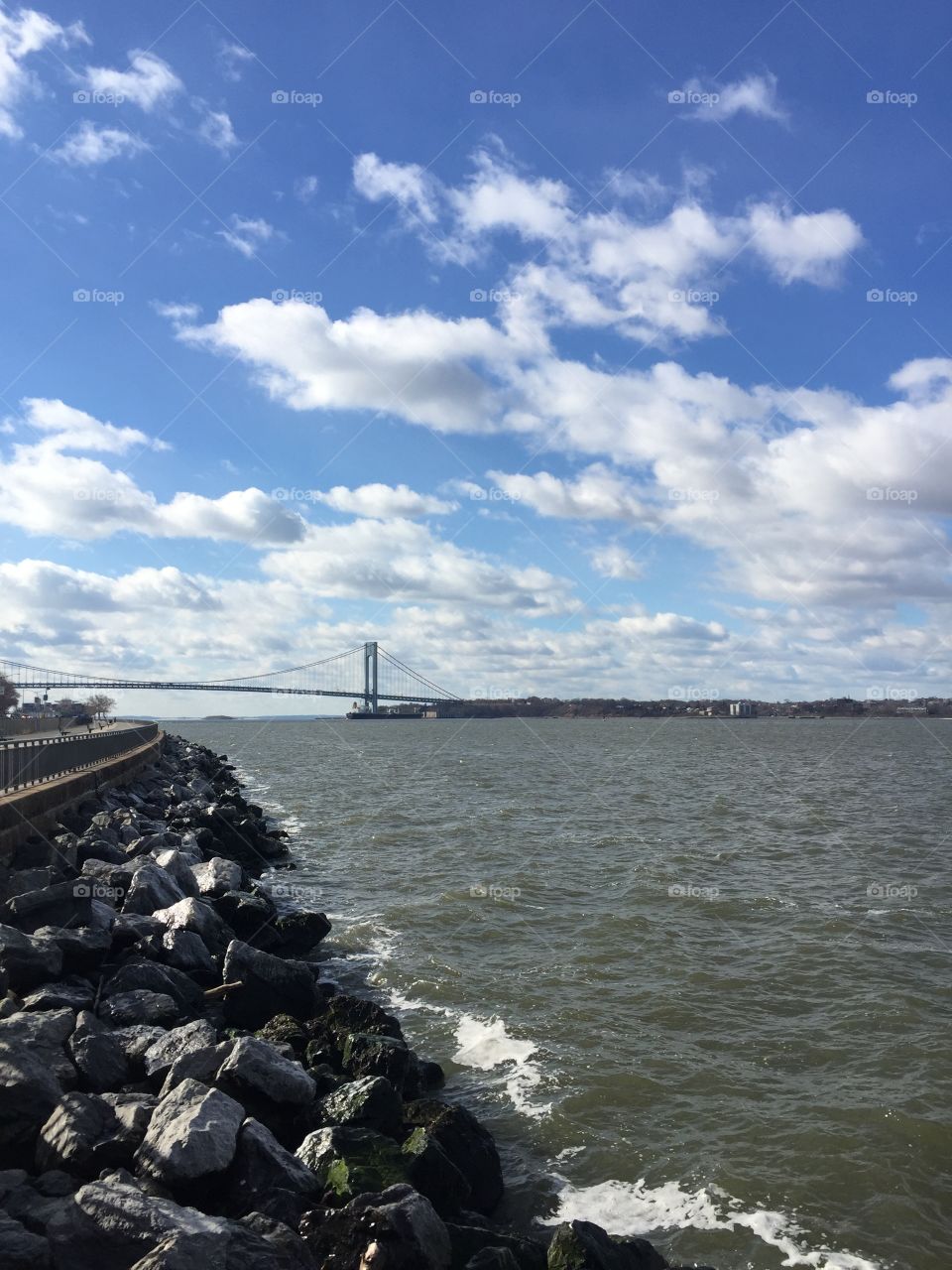 Verrazano Bridge. New York Harbor. Hudson River.  Bay Ridge Brooklyn. Staten Island. 
