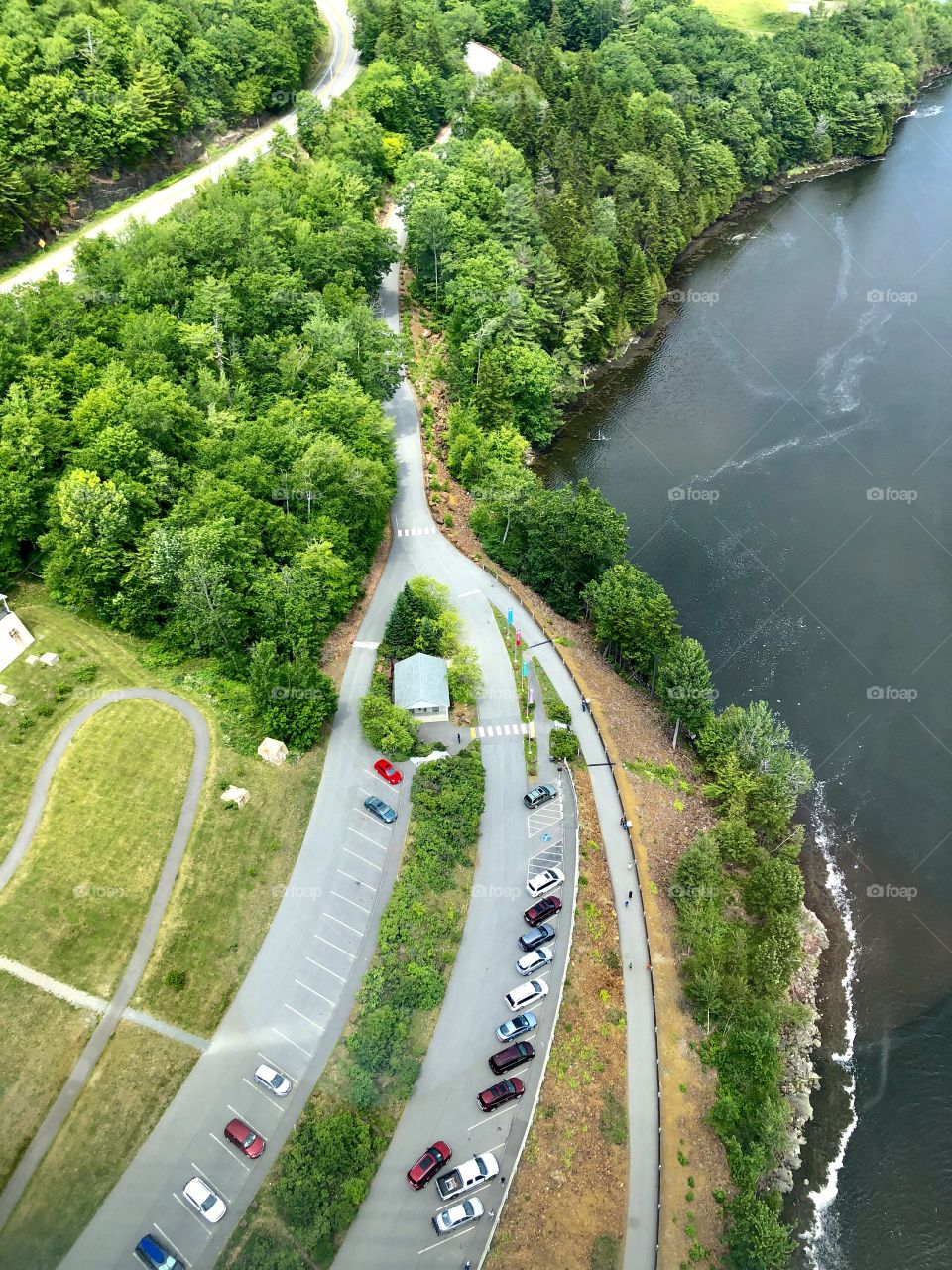 Aerial view of Penobscot Bay and coastal Maine from atop the Penobscot Bridge's observation tower, the tallest bridge observatory in the world. 